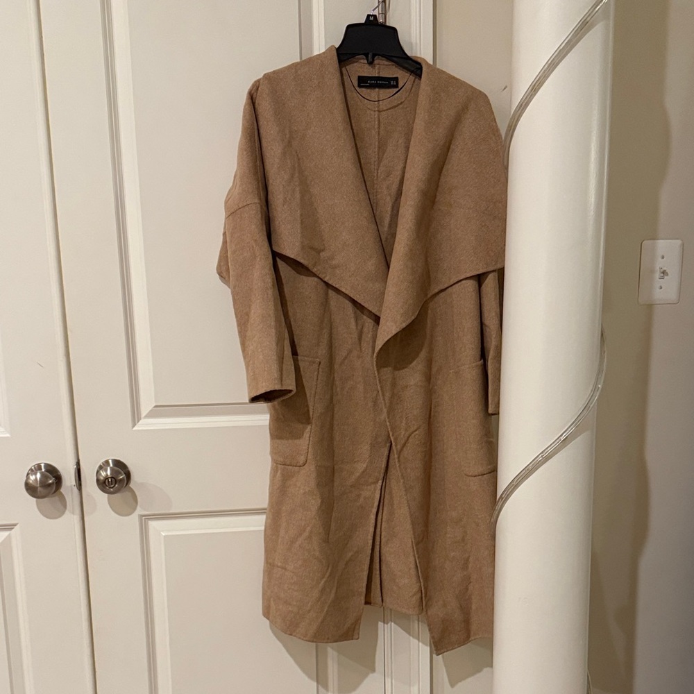 Zara Drape Open-Front Drape Coat - Camel